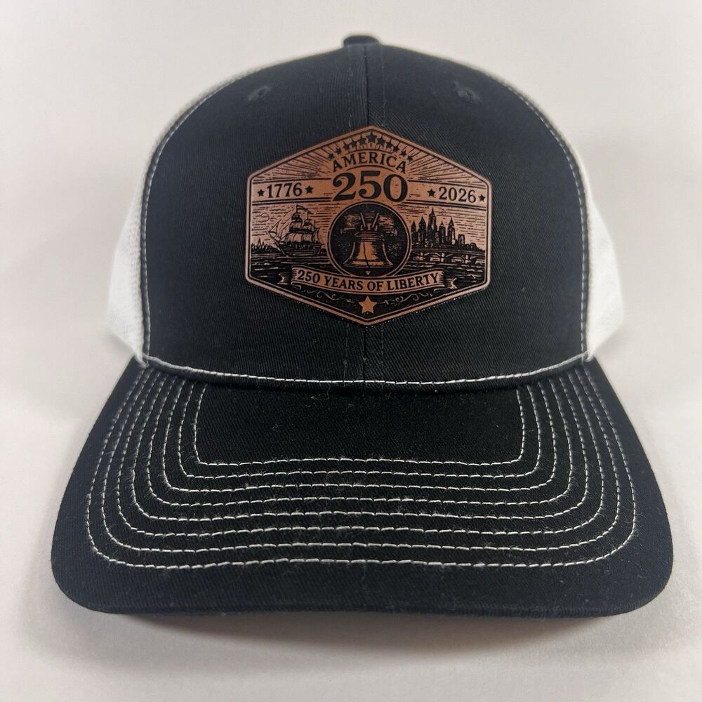 America 250 Liberty Bell Leather Patch Outdoor Cap OC771 Trucker Hat Black/White